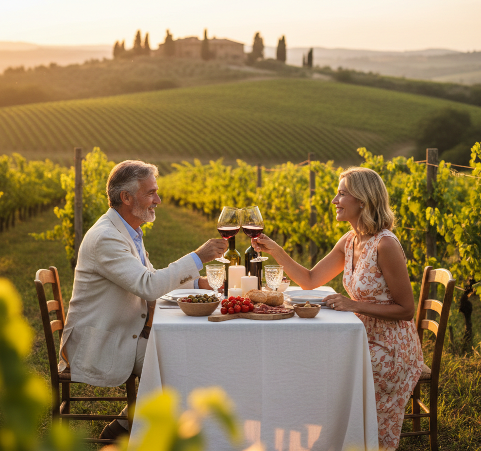 Couple toasting wine in the Tuscan countryside